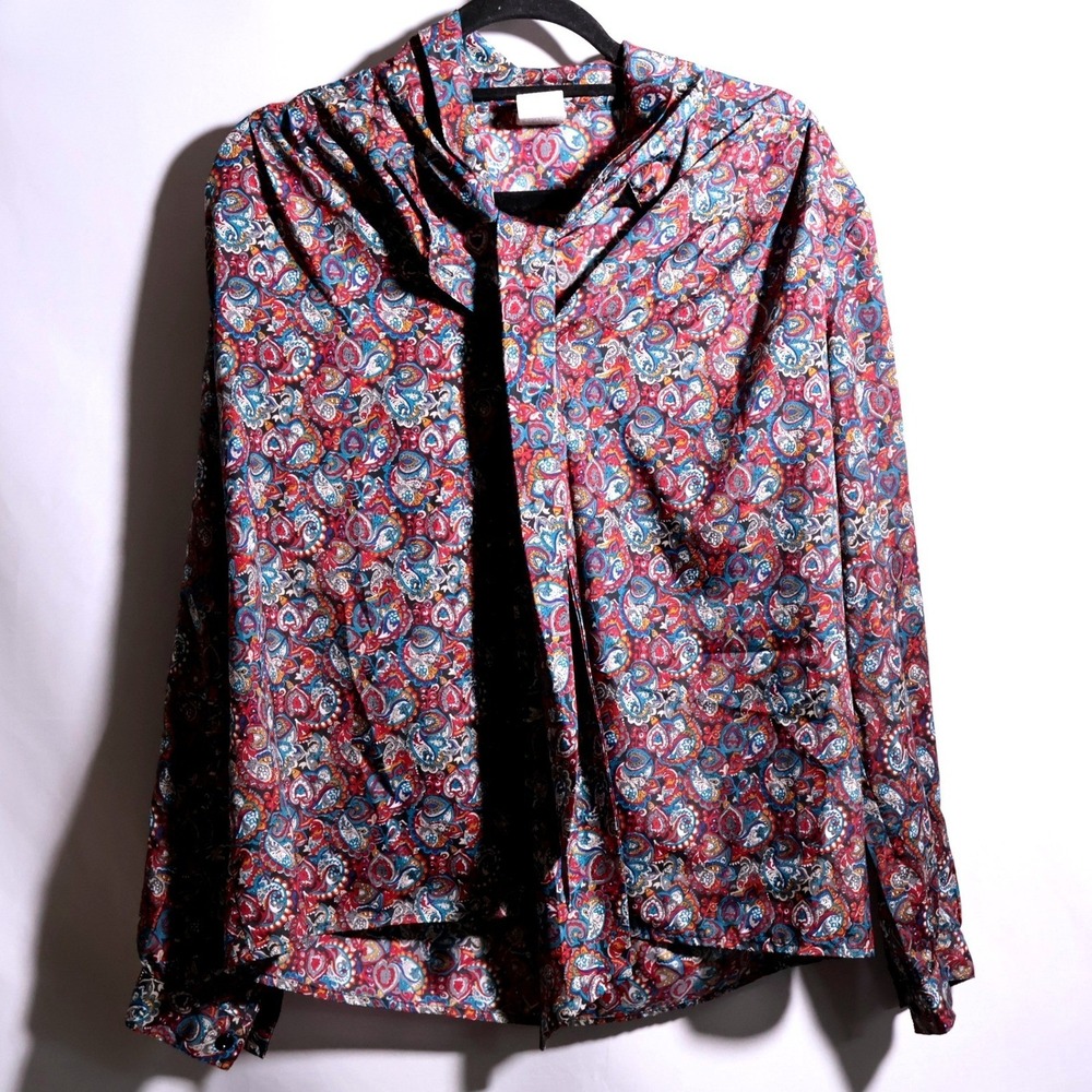 Vintage 70's Secretary Blouse Paisley Tie Neck Bow 14 Long Sleeve Retro Academia
